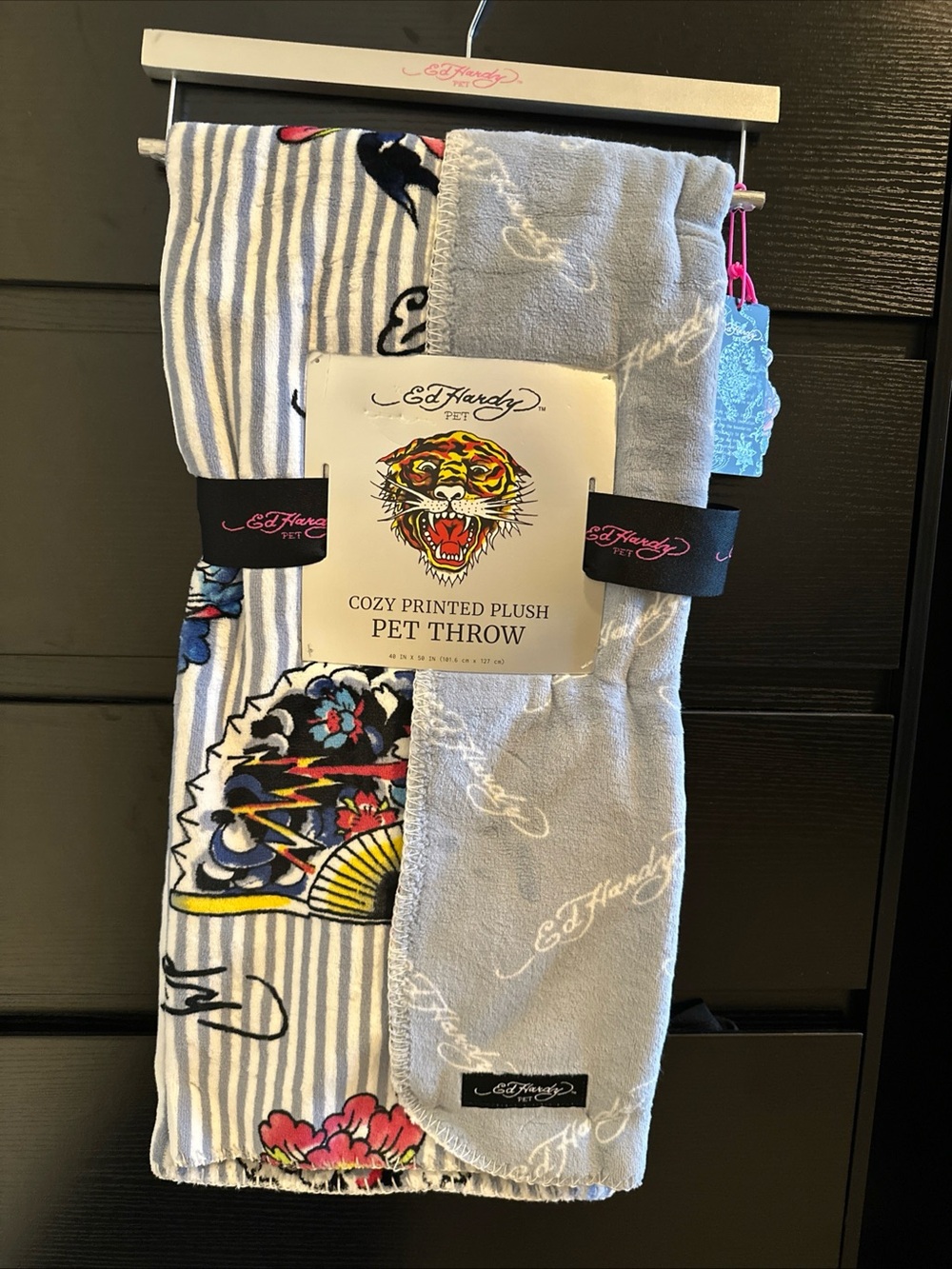 Ed Hardy Pet Cozy Printed Plush Pet Throw Blanket Tiger Floral Striped NWT 40x50
